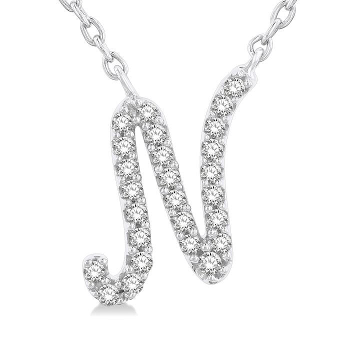 1/10 Ctw Initial 'N' Round cut Diamond Pendant With Chain in 10K White Gold