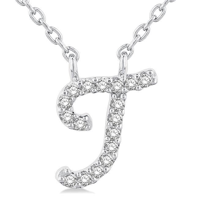 1/20 Ctw Initial 'T' Round cut Diamond Pendant With Chain in 10K White Gold