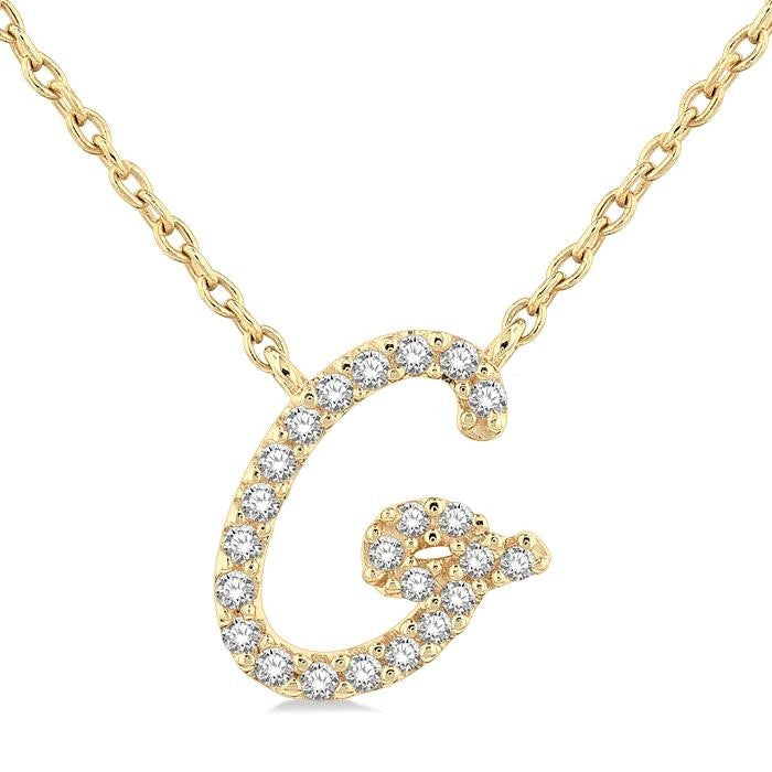 1/10 Ctw Initial 'G' Round cut Diamond Pendant With Chain in 10K Yellow Gold