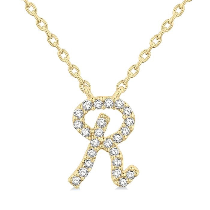 1/20 Ctw Initial 'R' Round cut Diamond Pendant With Chain in 10K Yellow Gold