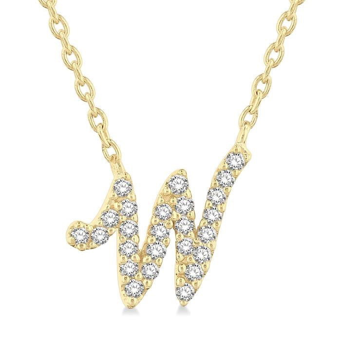 1/10 Ctw Initial 'W' Round cut Diamond Pendant With Chain in 10K Yellow Gold