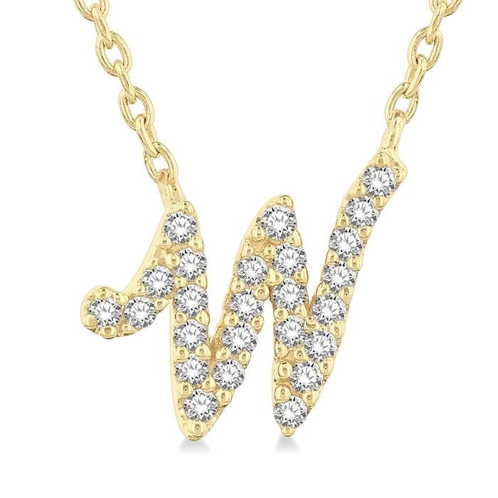1/10 Ctw Initial 'W' Round cut Diamond Pendant With Chain in 10K Yellow Gold