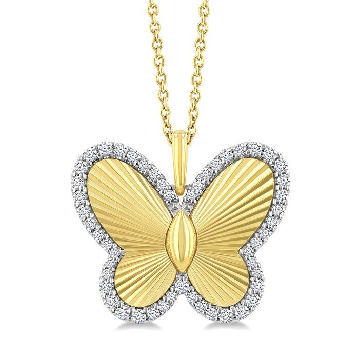 1/4 Ctw Fluted Texture Butterfly Round Cut Diamond Pirouette Fashion Pendant With Chain in 14K Yellow and White Gold