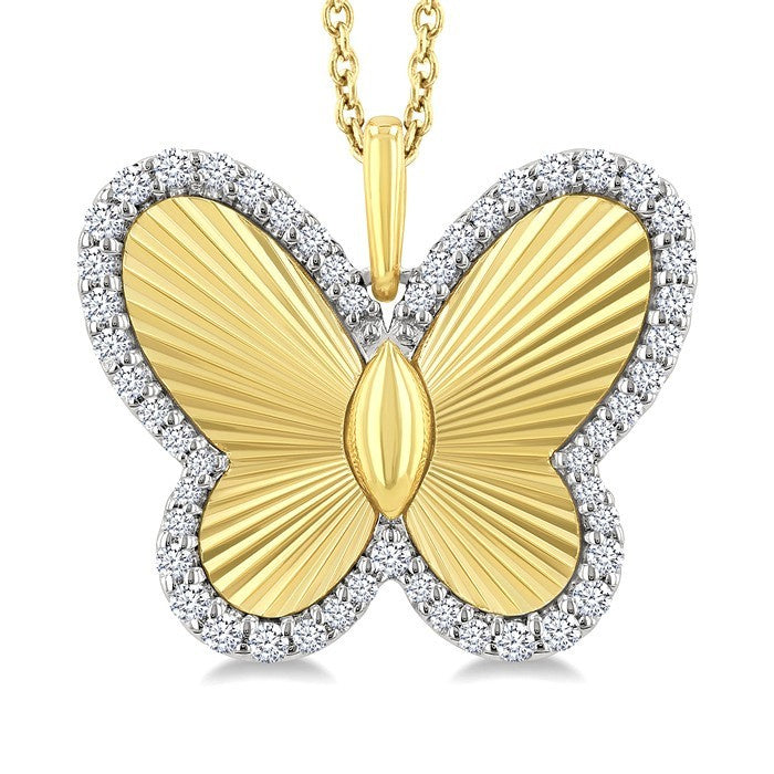 1/4 Ctw Fluted Texture Butterfly Round Cut Diamond Pirouette Fashion Pendant With Chain in 14K Yellow and White Gold