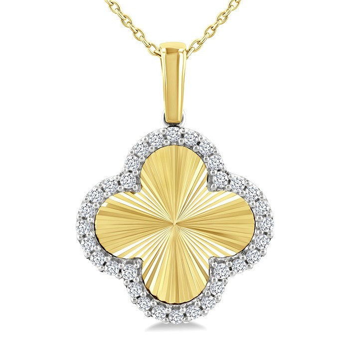 1/4 Ctw Fluted Texture Clover Round Cut Diamond Pirouette Fashion Pendant With Chain in 14K Yellow and White Gold