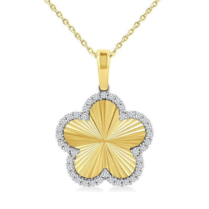 1/4 Ctw Fluted Texture Clover Round Cut Diamond Pirouette Fashion Pendant With Chain in 14K Yellow and White Gold