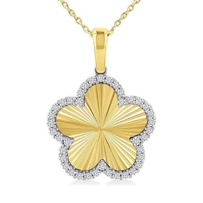 1/4 Ctw Fluted Texture Clover Round Cut Diamond Pirouette Fashion Pendant With Chain in 14K Yellow and White Gold