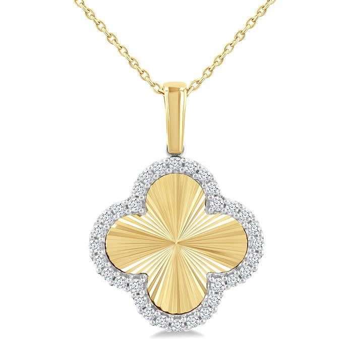 1/4 Ctw Fluted Texture Clover Round Cut Diamond Pirouette Fashion Pendant With Chain in 10K Yellow and White Gold