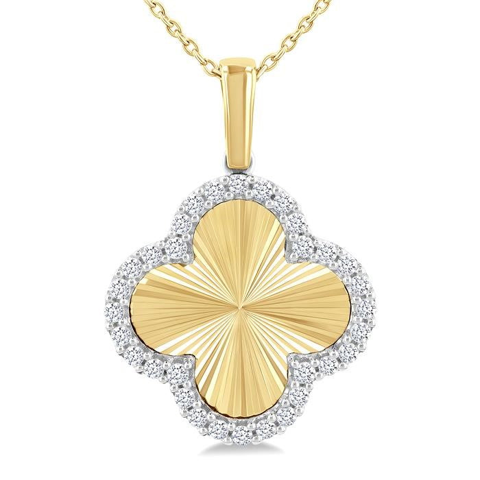 1/4 Ctw Fluted Texture Clover Round Cut Diamond Pirouette Fashion Pendant With Chain in 10K Yellow and White Gold