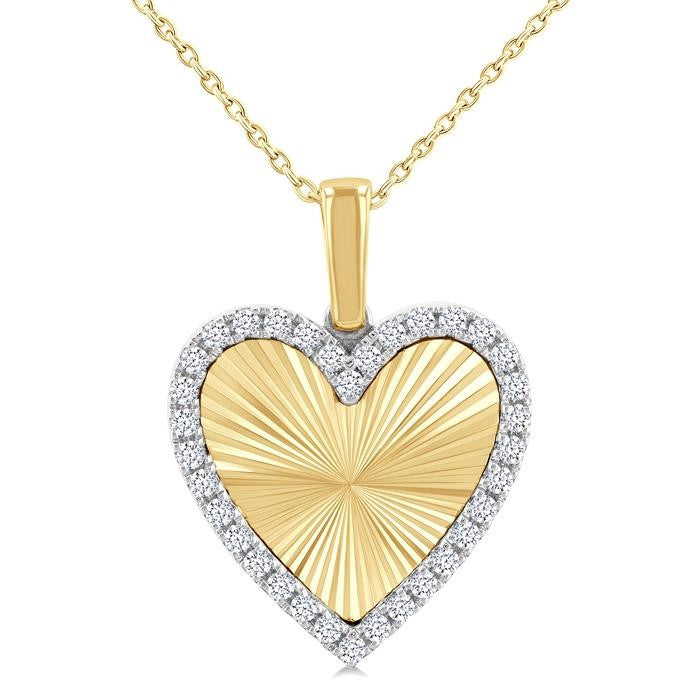1/4 Ctw Fluted Texture Heart Round Cut Diamond Pirouette Fashion Pendant With Chain in 10K Yellow and White Gold