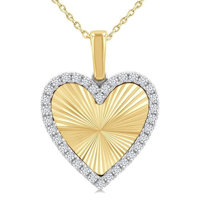 1/4 Ctw Fluted Texture Heart Round Cut Diamond Pirouette Fashion Pendant With Chain in 10K Yellow and White Gold