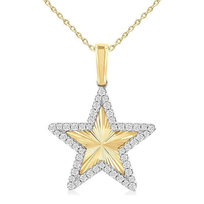 1/4 Ctw Fluted Texture Star Round Cut Diamond Pirouette Fashion Pendant With Chain in 10K Yellow and White Gold