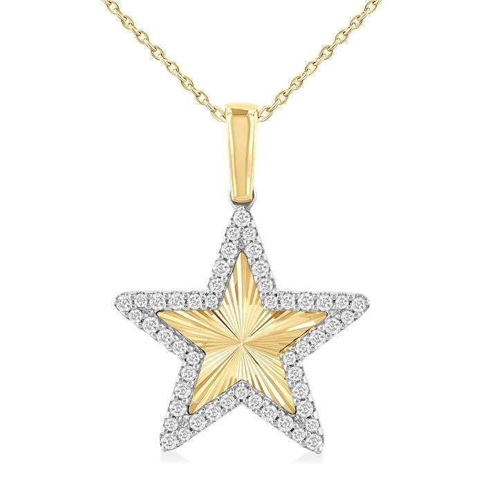 1/4 Ctw Fluted Texture Star Round Cut Diamond Pirouette Fashion Pendant With Chain in 10K Yellow and White Gold