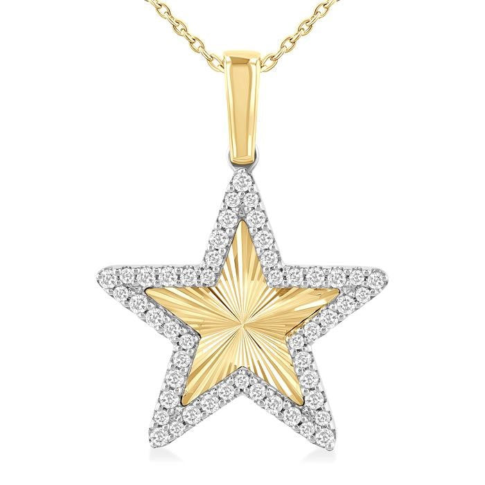 1/4 Ctw Fluted Texture Star Round Cut Diamond Pirouette Fashion Pendant With Chain in 10K Yellow and White Gold