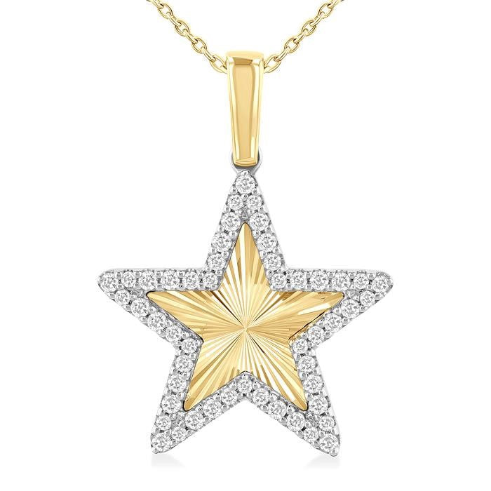 1/4 Ctw Fluted Texture Star Round Cut Diamond Pirouette Fashion Pendant With Chain in 10K Yellow and White Gold