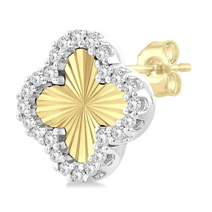 1/5 Ctw Fluted Texture 4-Leaf Clover Round Cut Diamond Pirouette Fashion Stud Earrings in 14K Yellow and White Gold