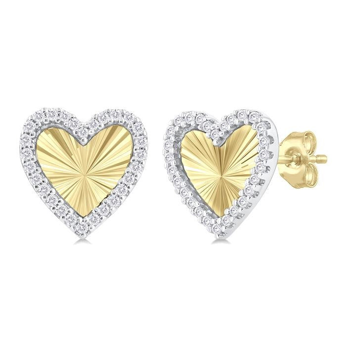 1/5 Ctw Fluted Texture Heart Shape Round Cut Diamond Pirouette Fashion Stud Earrings in 10K Yellow and White Gold