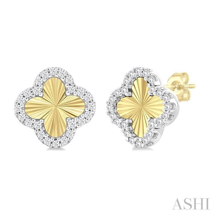 1/5 Ctw Fluted Texture 4-Leaf Clover Round Cut Diamond Pirouette Fashion Stud Earrings in 10K Yellow and White Gold