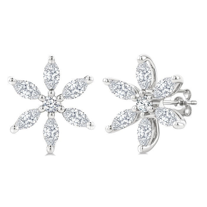 3/8 Ctw Floral Motif Marquise and Round Cut Diamond Fashion Stud Earrings in 14K White Gold