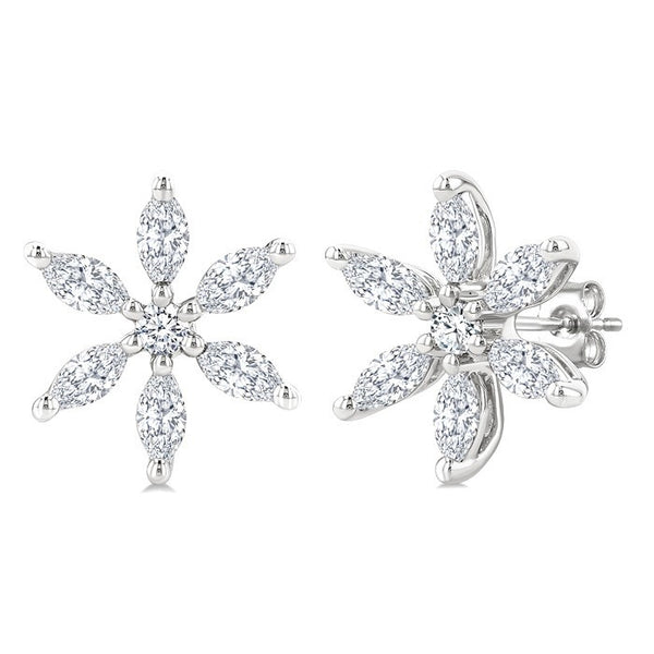 3/8 Ctw Floral Motif Marquise and Round Cut Diamond Fashion Stud Earrings in 14K White Gold