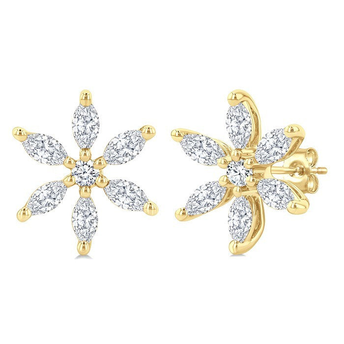 3/8 Ctw Floral Motif Marquise and Round Cut Diamond Fashion Stud Earrings in 14K Yellow Gold