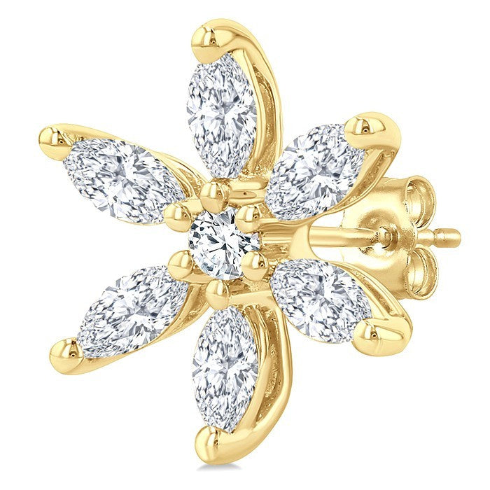 3/8 Ctw Floral Motif Marquise and Round Cut Diamond Fashion Stud Earrings in 14K Yellow Gold