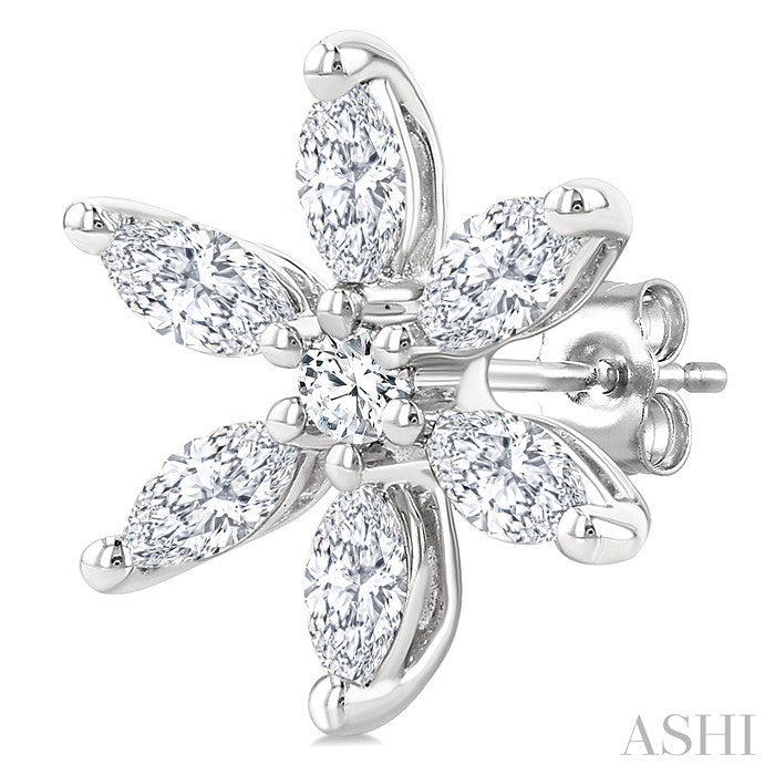 3/8 Ctw Floral Motif Marquise and Round Cut Diamond Fashion Stud Earrings in 14K White Gold