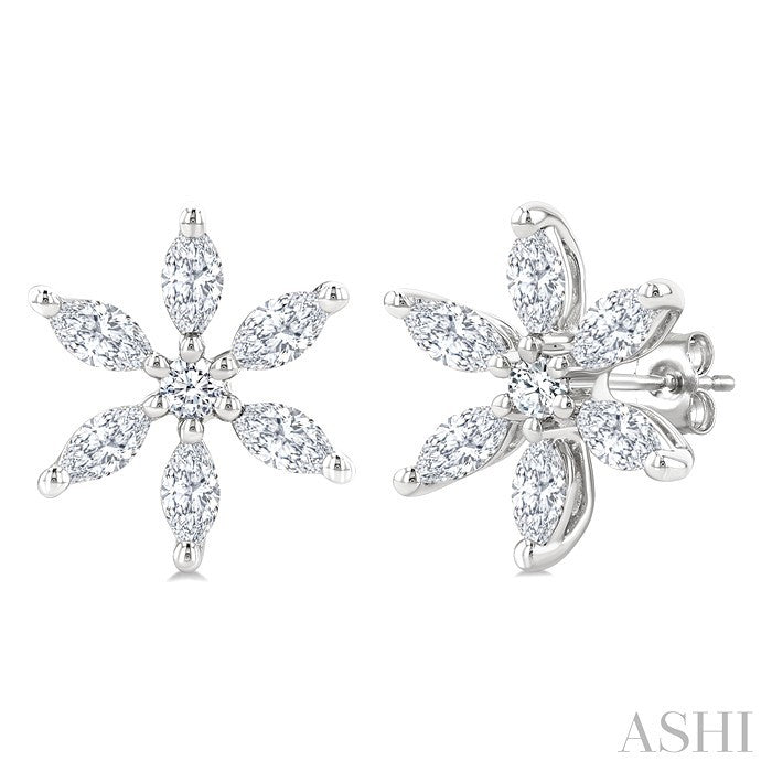 3/8 Ctw Floral Motif Marquise and Round Cut Diamond Fashion Stud Earrings in 14K White Gold