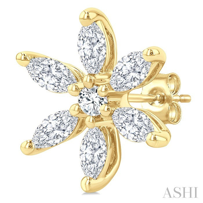 3/8 Ctw Floral Motif Marquise and Round Cut Diamond Fashion Stud Earrings in 14K Yellow Gold