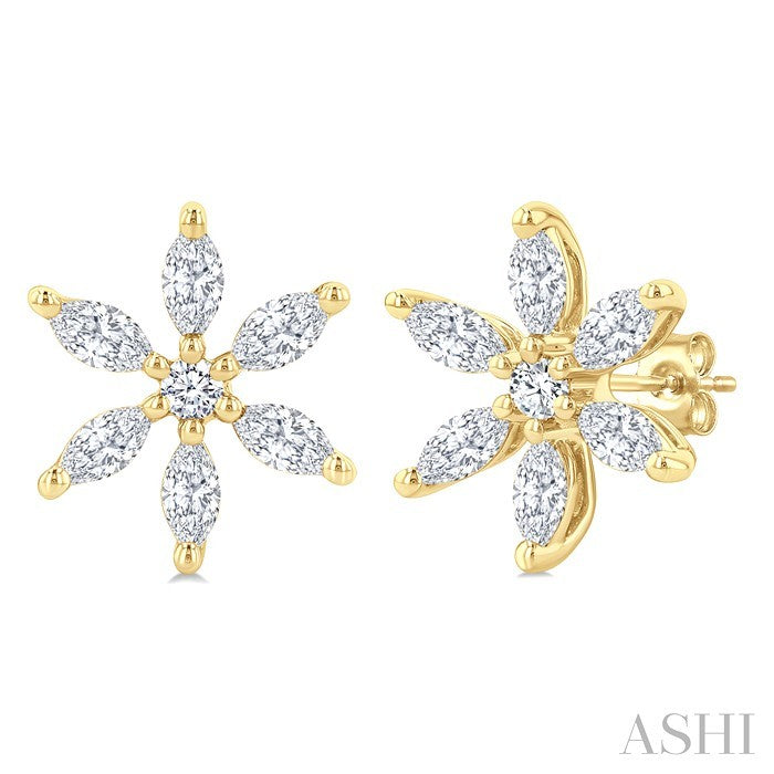 3/8 Ctw Floral Motif Marquise and Round Cut Diamond Fashion Stud Earrings in 14K Yellow Gold