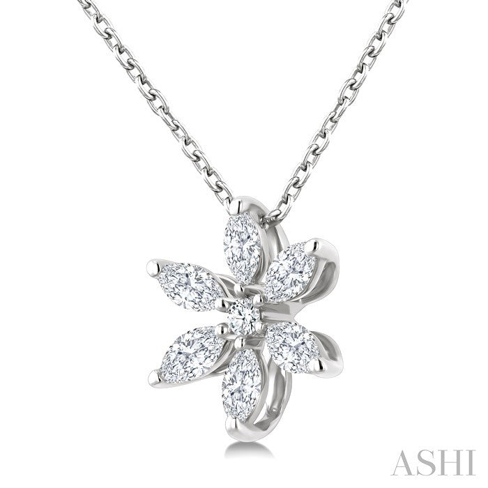 1/3 Ctw Floral Motif Marquise and Round Cut Diamond Fashion Pendant With Chain in 14K White Gold