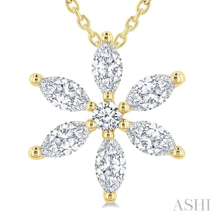 1/3 Ctw Floral Motif Marquise and Round Cut Diamond Fashion Pendant With Chain in 14K Yellow Gold