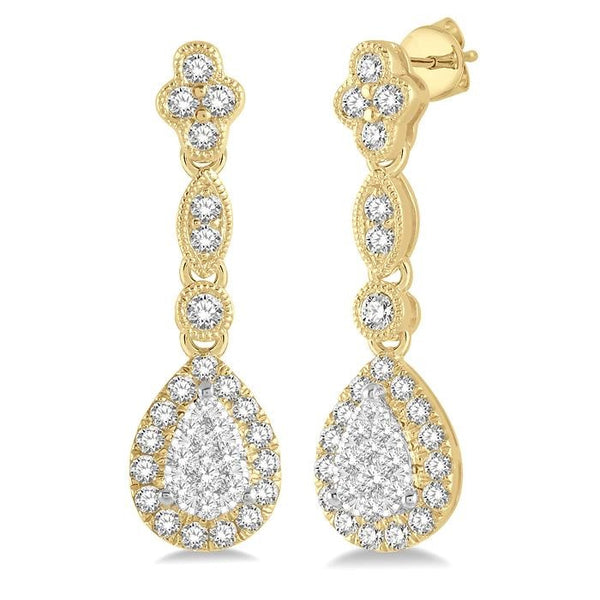 5/8 Ctw Pear Shape Halo Shine Bright Round Cut Diamond Earrings in 14K Yellow and White Gold
