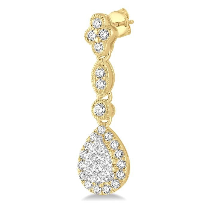 5/8 Ctw Pear Shape Halo Shine Bright Round Cut Diamond Earrings in 14K Yellow and White Gold