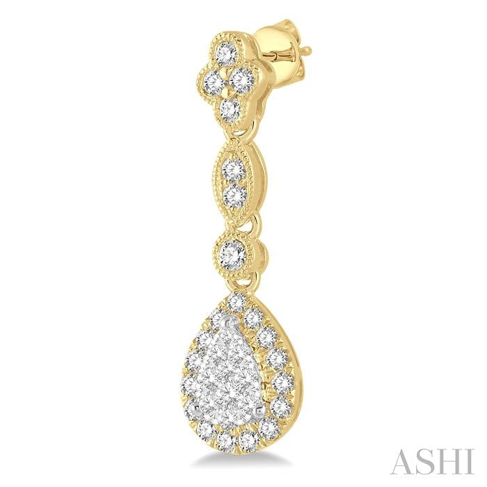 5/8 Ctw Pear Shape Halo Shine Bright Round Cut Diamond Earrings in 14K Yellow and White Gold