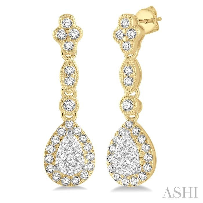 5/8 Ctw Pear Shape Halo Shine Bright Round Cut Diamond Earrings in 14K Yellow and White Gold
