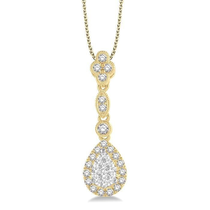 3/8 Ctw Pear Shape Halo Shine Bright Round Cut Diamond Pendant With Chain in 14K Yellow and White Gold