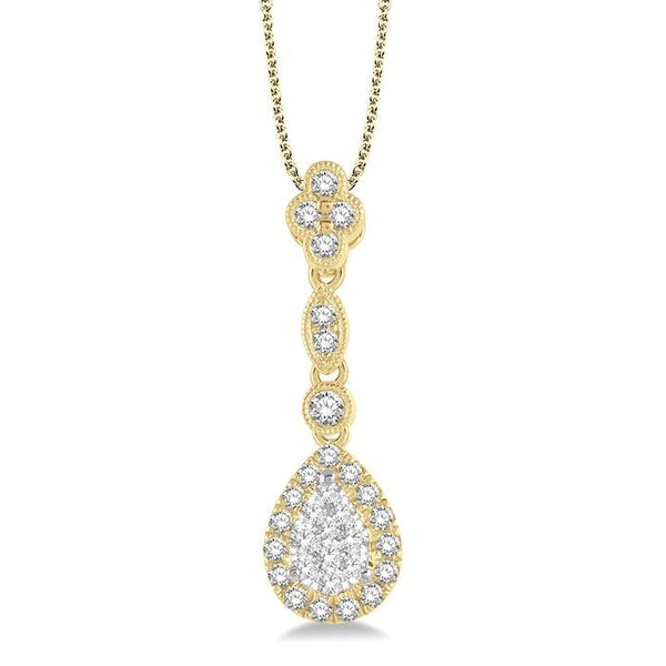 3/8 Ctw Pear Shape Halo Shine Bright Round Cut Diamond Pendant With Chain in 14K Yellow and White Gold