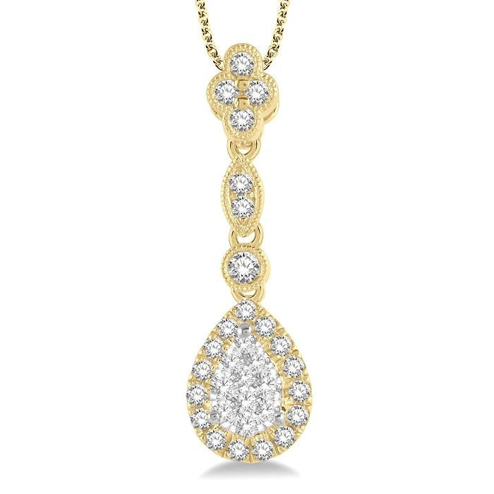 3/8 Ctw Pear Shape Halo Shine Bright Round Cut Diamond Pendant With Chain in 14K Yellow and White Gold