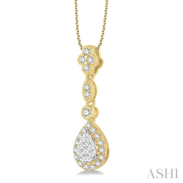 3/8 Ctw Pear Shape Halo Shine Bright Round Cut Diamond Pendant With Chain in 14K Yellow and White Gold