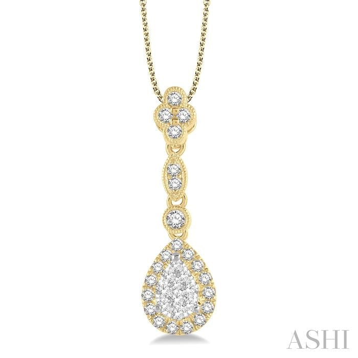 3/8 Ctw Pear Shape Halo Shine Bright Round Cut Diamond Pendant With Chain in 14K Yellow and White Gold