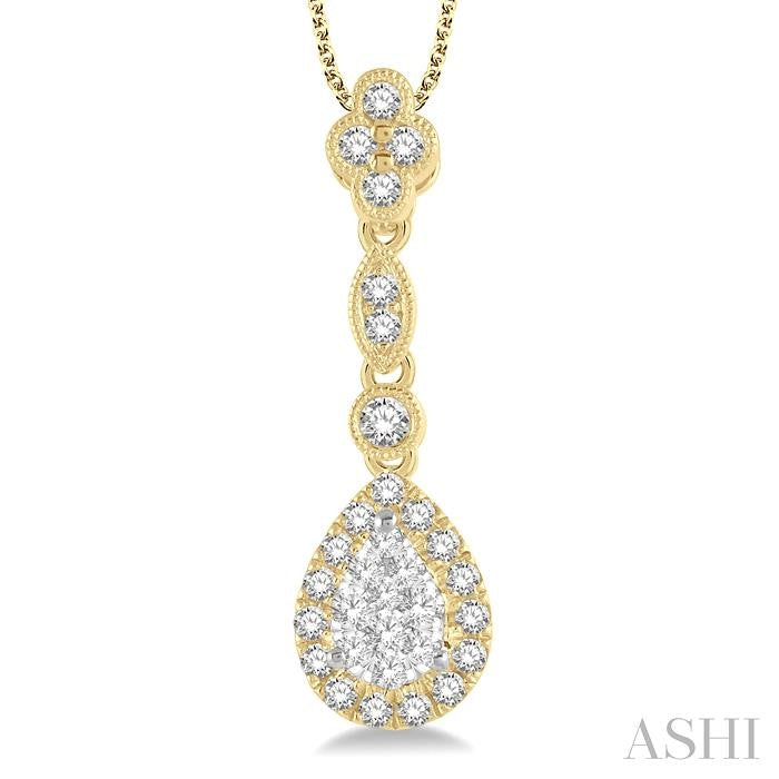 3/8 Ctw Pear Shape Halo Shine Bright Round Cut Diamond Pendant With Chain in 14K Yellow and White Gold