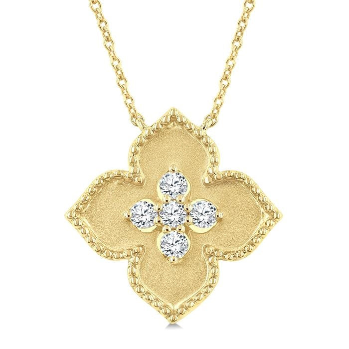1/5 Ctw Floral Medallion Round Cut Diamond Fashion Pendant With Chain in 10K Yellow Gold