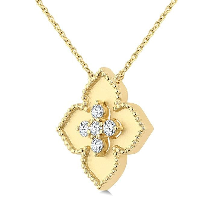 1/5 Ctw Floral Medallion Round Cut Diamond Fashion Pendant With Chain in 10K Yellow Gold