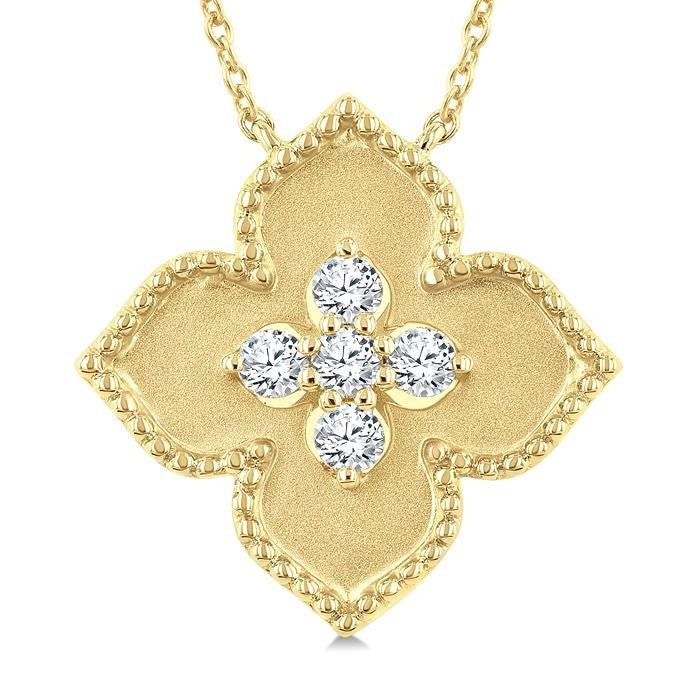 1/5 Ctw Floral Medallion Round Cut Diamond Fashion Pendant With Chain in 10K Yellow Gold