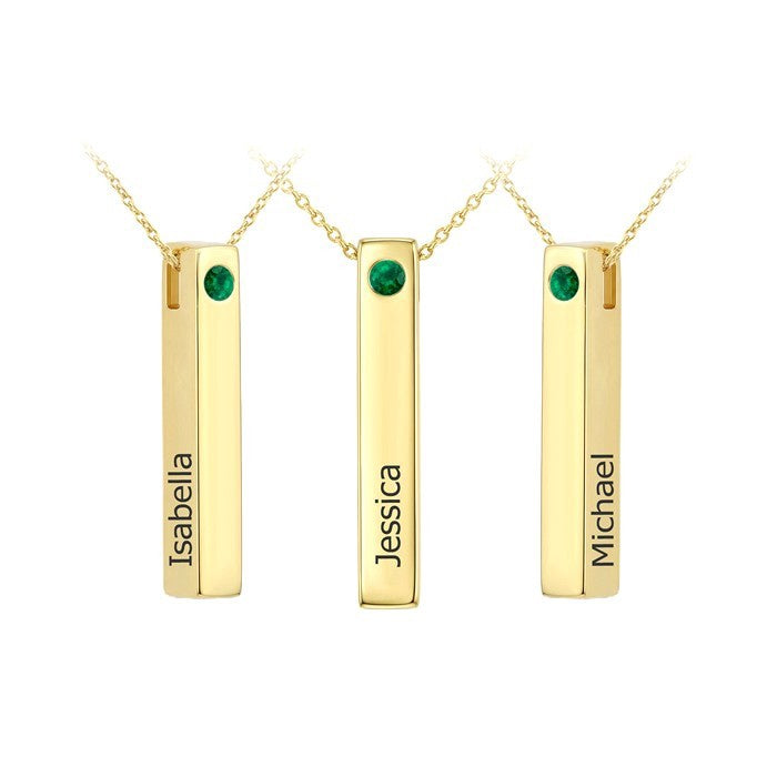2.50 MM Round Shape Emerald 'Isabella, Jessica, Michael' Precious Engraved Bar Name Pendant With Chain in 14K Yellow Gold