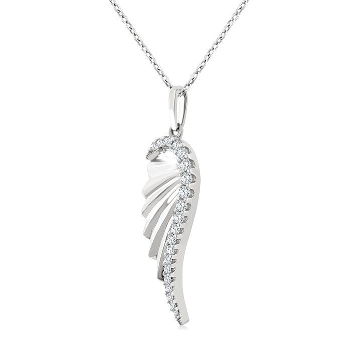 1/5 Ctw Fluted Texture Angel Wing Round Cut Diamond Pirouette Fashion Pendant With Chain in 14K White Gold