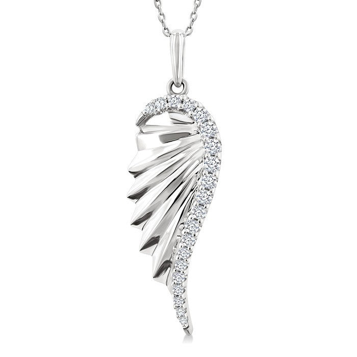 1/5 Ctw Fluted Texture Angel Wing Round Cut Diamond Pirouette Fashion Pendant With Chain in 14K White Gold