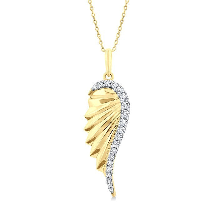 1/5 Ctw Fluted Texture Angel Wing Round Cut Diamond Pirouette Fashion Pendant With Chain in 10K Yellow Gold