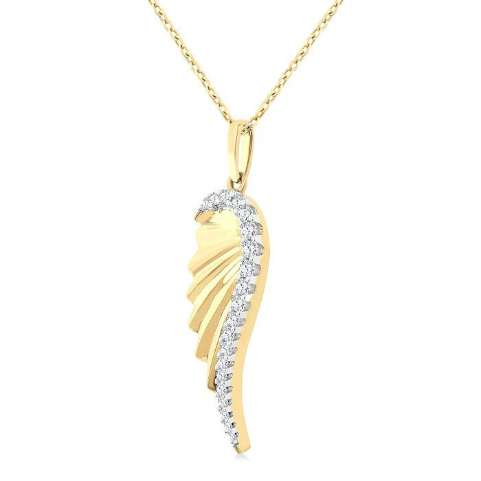 1/5 Ctw Fluted Texture Angel Wing Round Cut Diamond Pirouette Fashion Pendant With Chain in 10K Yellow Gold